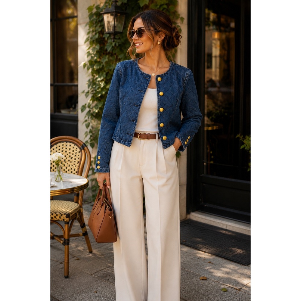 Chic Parisian Preppy Quilted Denim Jacket Gold Cropped Blazer Minimalist Sz L